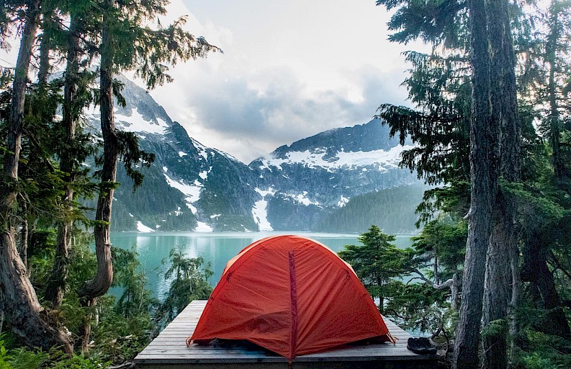 Tent pitched at Lake Lovely Water in Tantalus Provincial Park