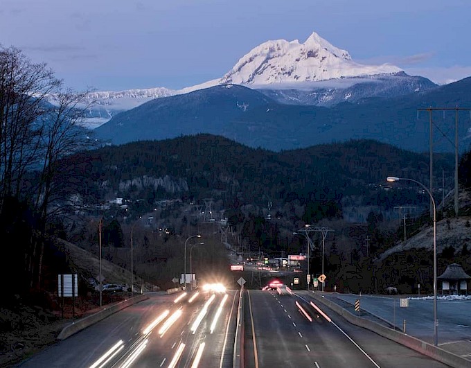 Highway 99 at dusk with Garibaldi in the background