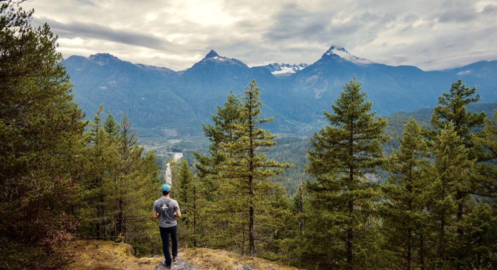 People enjoying the wildflowers and view from the Eagle Run Dike in Squamish