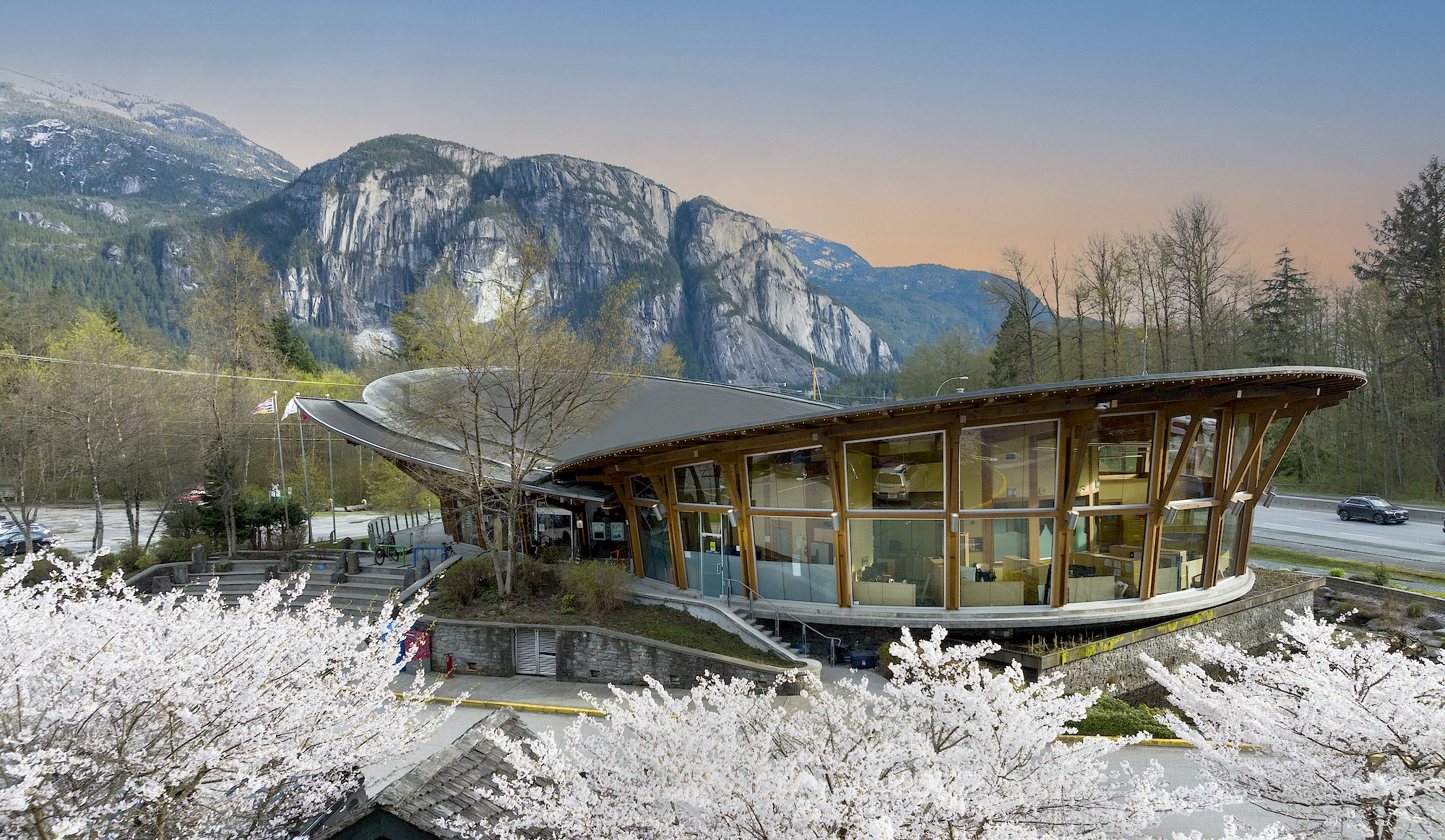 Cherry blossoms in front of the Squamish Adventure Centre