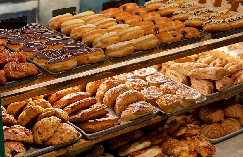 Donuts and pastries on display at Sunflower Bakery