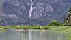 Group of 3 kayakers paddling in the Squamish Estuary with Shannon Falls behind