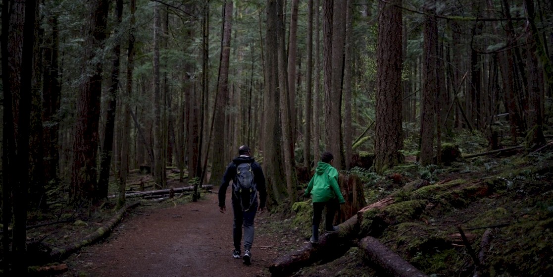 Father and son walking in the forest